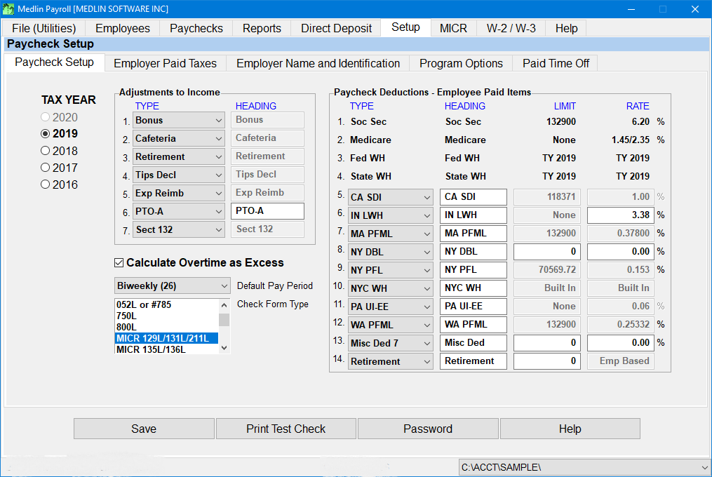 Desktop Payroll Software by Medlin Paycheck Setup Screen