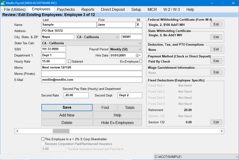 Desktop Payroll Software by Medlin Employee Setup Screen