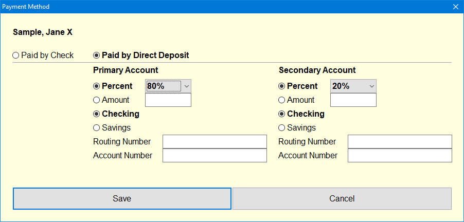 Desktop Payroll Software by Medlin Professional Edition Direct Deposit Setup Screen