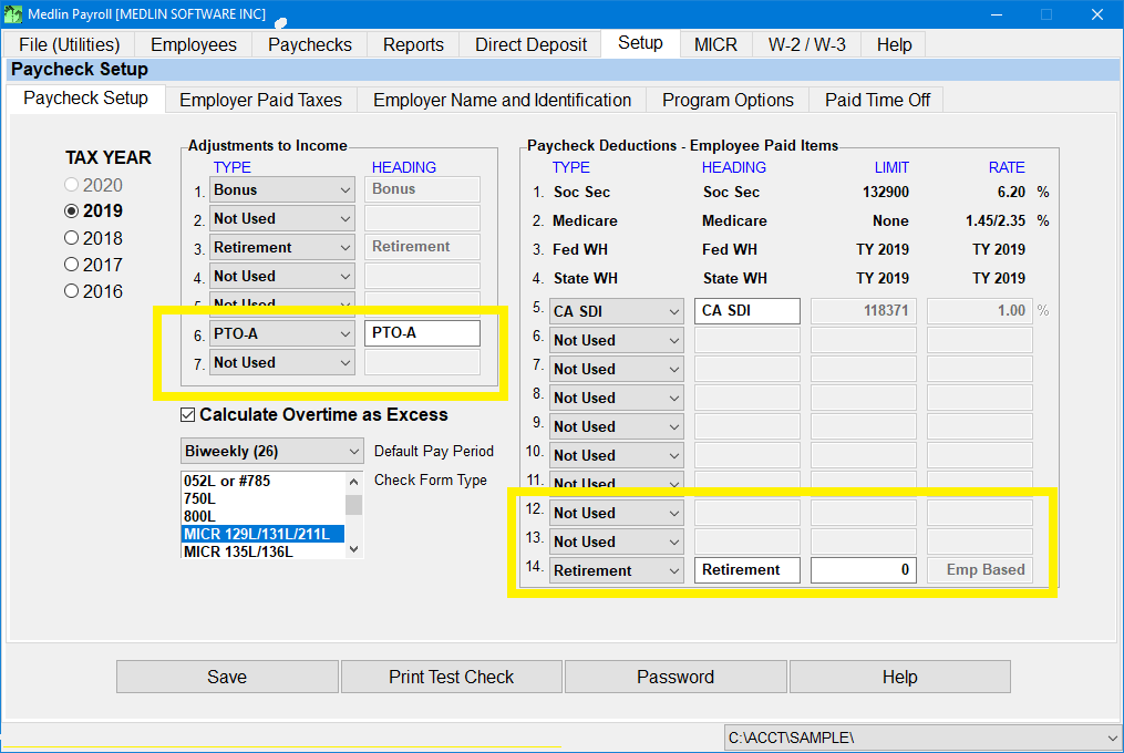 Desktop Payroll Software by Medlin Professional Edition Setup Screen